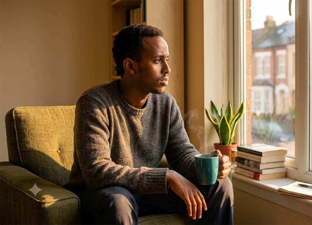 A person sitting near a window with soft, natural light
