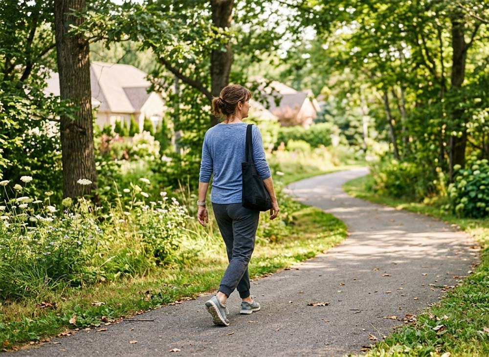 A person walking on a simple neighborhood path