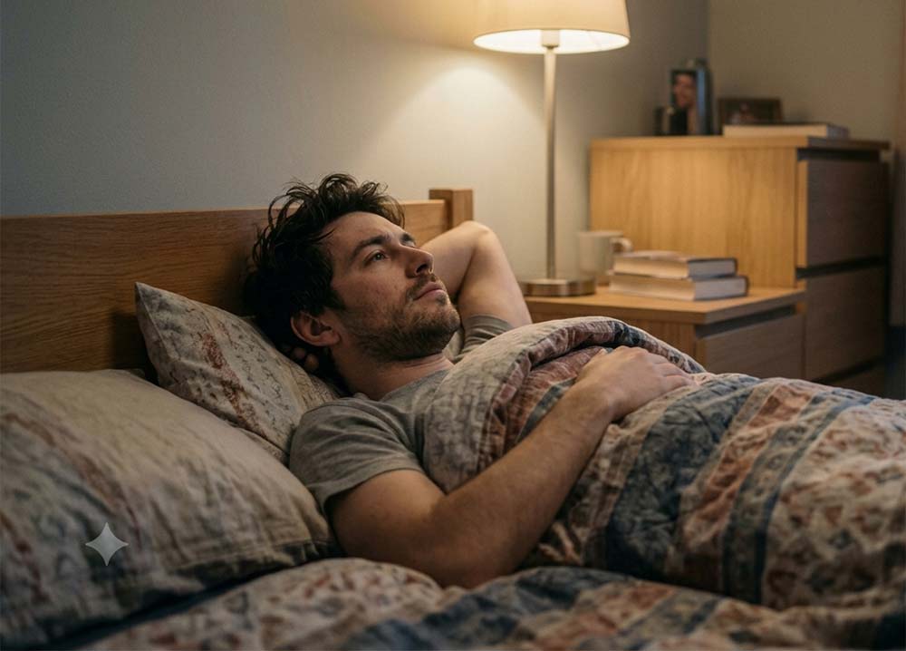 a person lying awake in bed at night