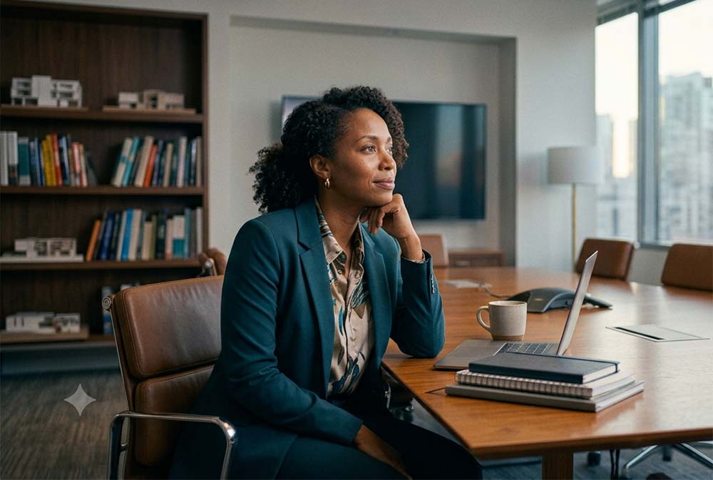 a professional person in a moment of self-doubt or reflection, perhaps alone in an office or conference room.