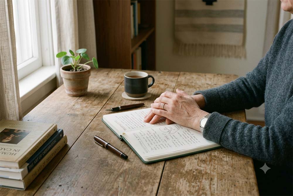 hands on a desk with notes