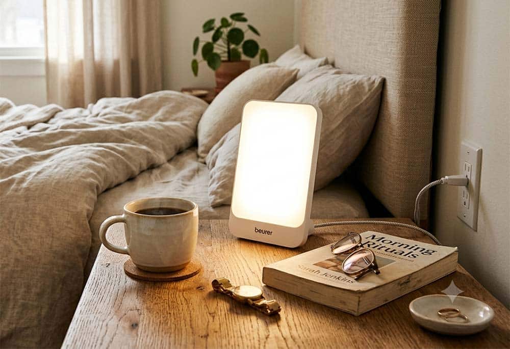 lamp on a desk or nightstand in a cozy morning setting